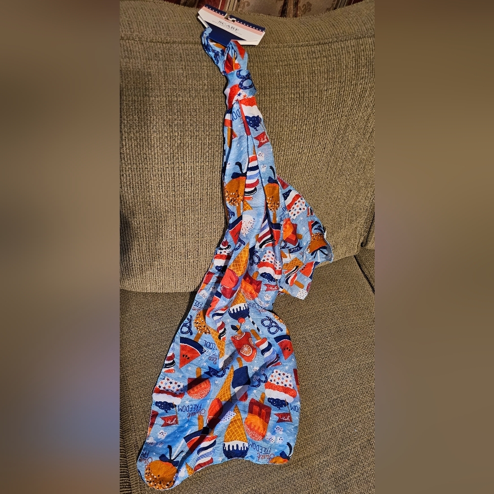 Patriotic Red White & Blue Colorful Lightweight Patterned Scarf New With Tags - Picture 3 of 7